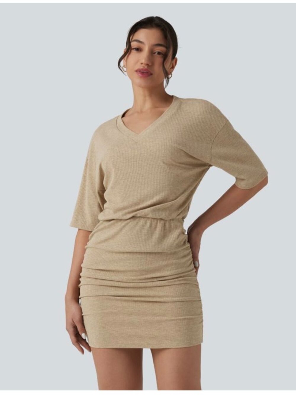 Halara Ribbed Knit V Neck Short Sleeve Ruched Bodycon Mini Casual Dress S Comfy